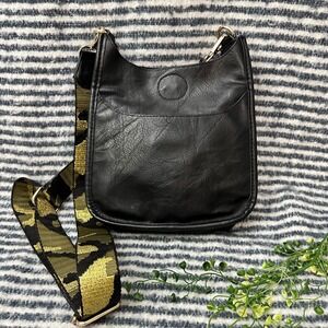 Ahdorned Mini Vegan Leather Messenger Bag‎ in black Gold Metallic Camo Strap
